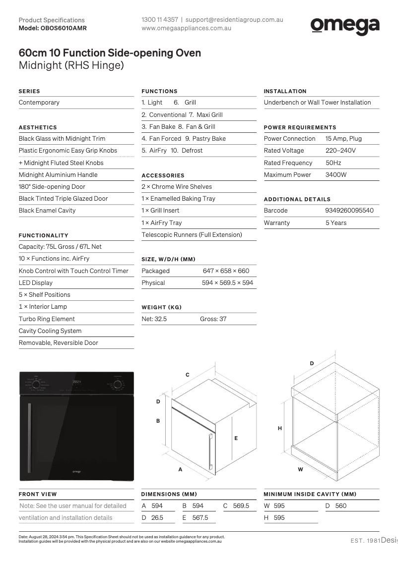 Page 1 of the manual Technical Sheet Omega OBOS6010AMR