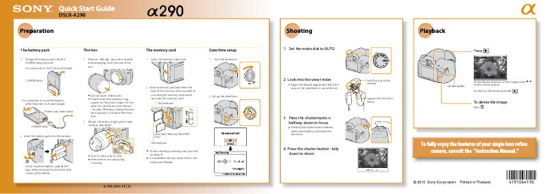 Page 1 of the manual Installation Guide Sony Alpha DSLR-A290