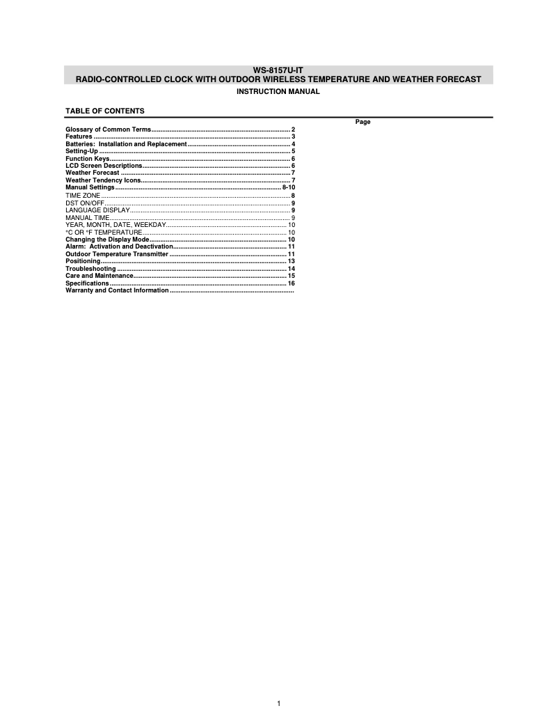Page 1 of the manual User Manual La Crosse Technology WS-8157OAK-IT