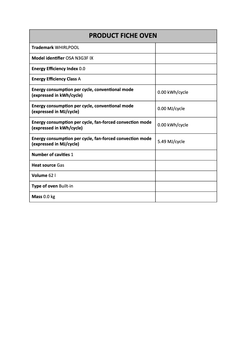 Page 1 de la notice Fiche technique Whirlpool OSA N3G3F IX