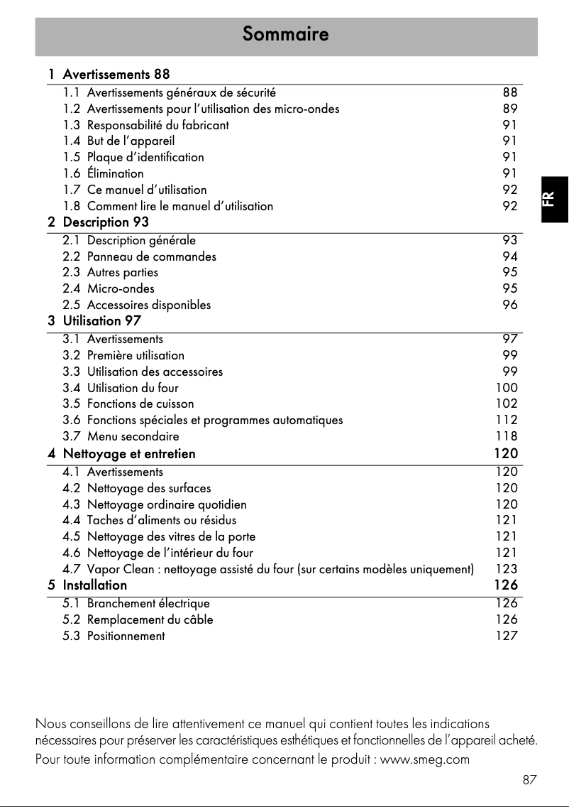 Page 1 of the manual Instruction Manual Smeg SF4390MCX