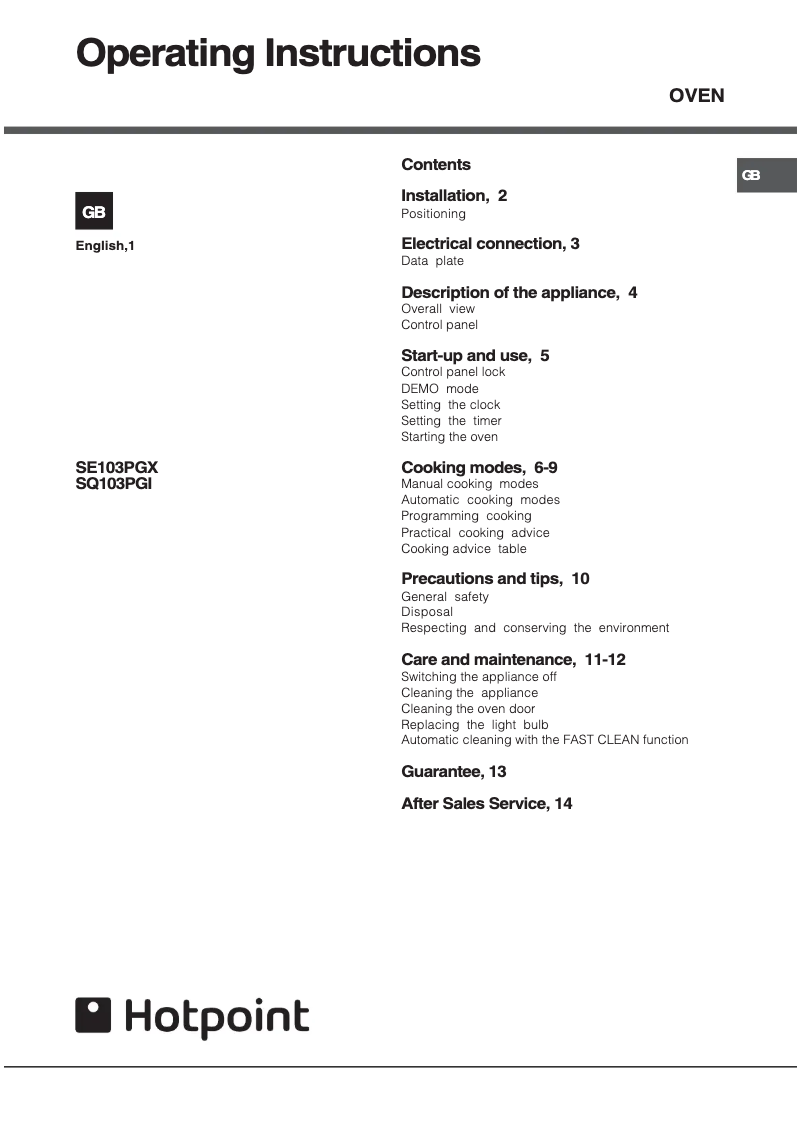 Page 1 of the manual User Manual Hotpoint SE103PGX