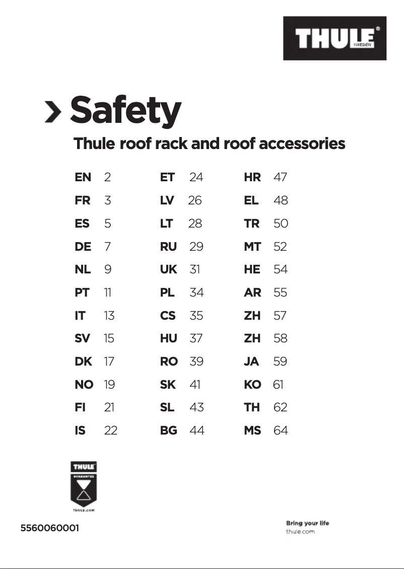 Page 1 of the manual Safety Instructions Thule WingBar Edge 9596B