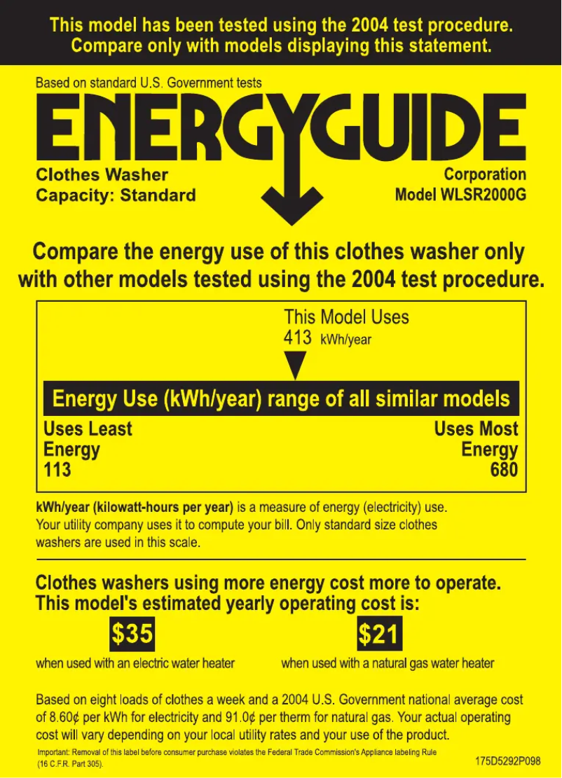 Page 1 of the manual Energy Label GE WLSR2000GWW
