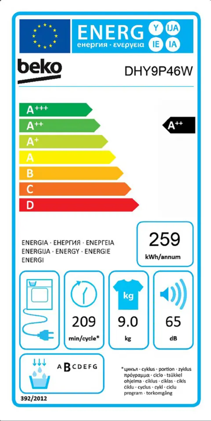 Page 1 of the manual Energy Label Beko DHY9P46