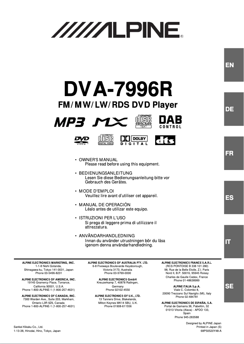 Page 1 of the manual User Manual Alpine DVA-7996R