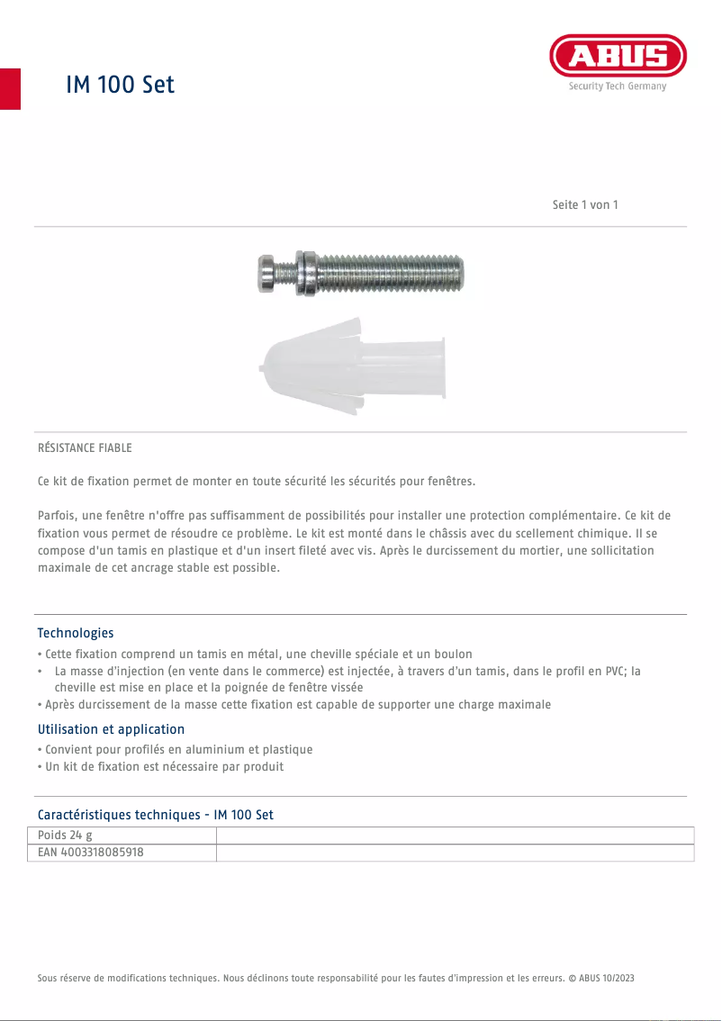 Page 1 de la notice Fiche technique Abus IM100