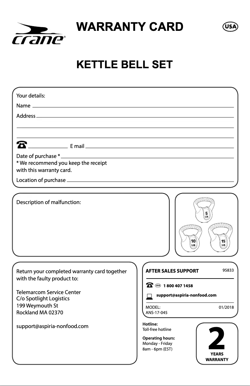 Page 1 of the manual User Manual Crane Kettle Bell Set ANS-17-045