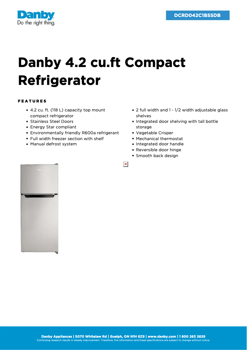 Page 1 of the manual Technical Sheet Danby DCRD042C1BSSDB