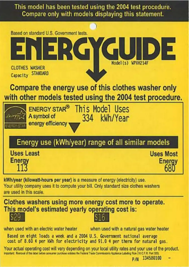 Page 1 of the manual Energy Label GE Profile WPXH214FWW