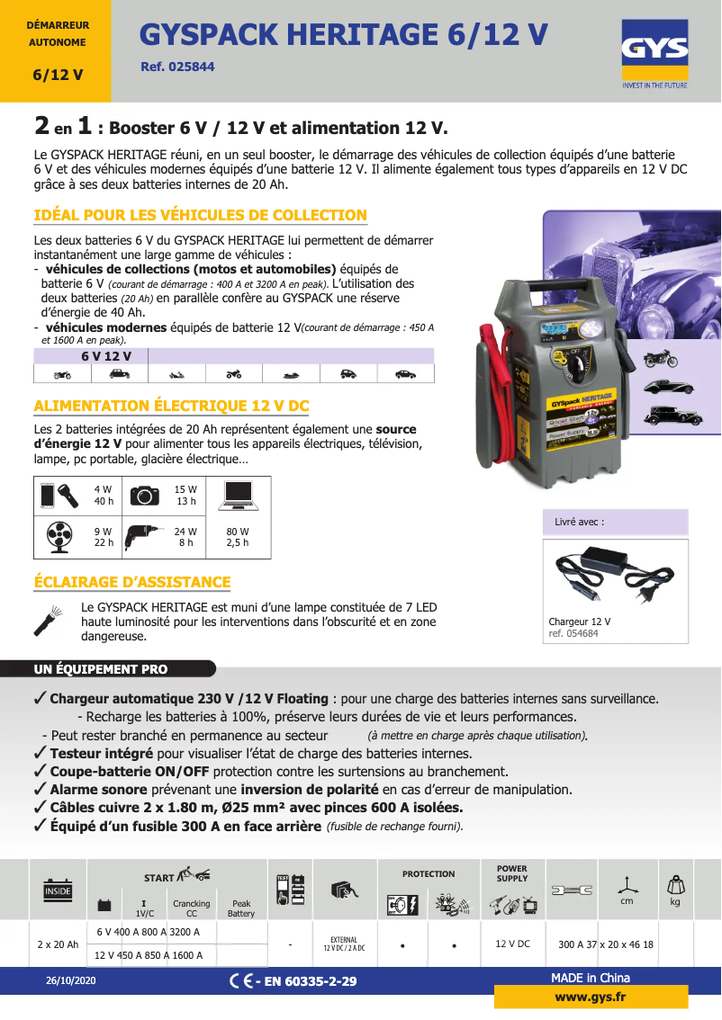 Page 1 of the manual Technical Sheet GYS Gyspack Heritage