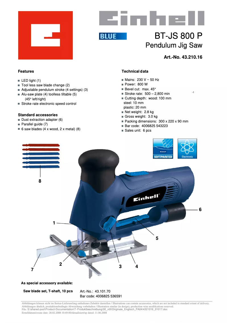 Page 1 of the manual User Manual Einhell Bavaria BT-JS 800 P