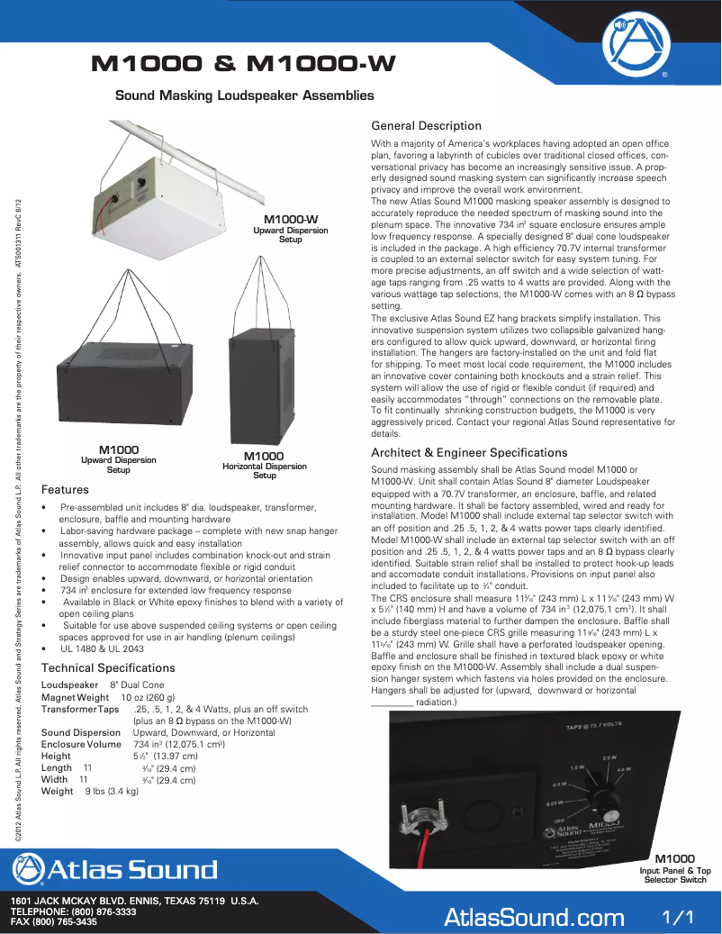 Page 1 of the manual Brochure Atlas Sound M1000