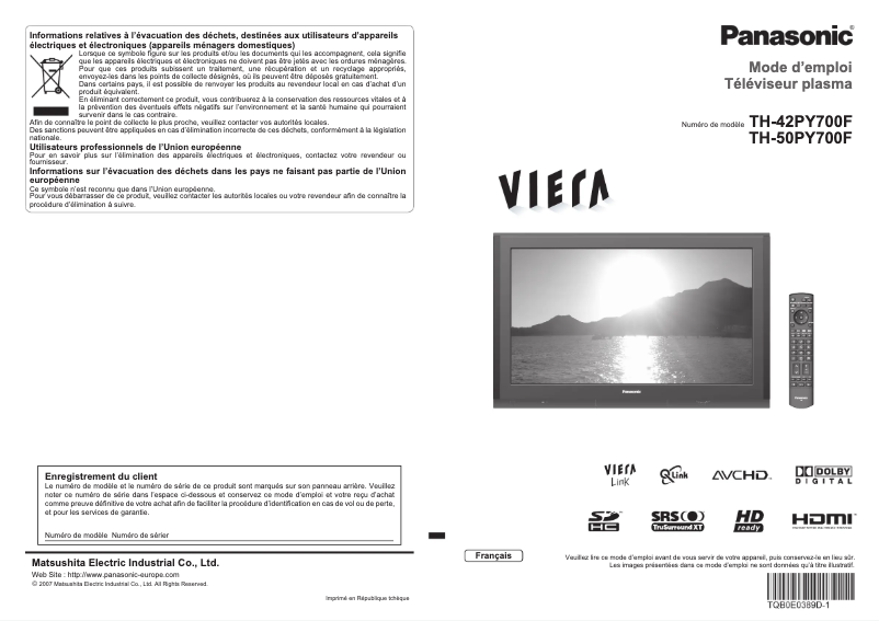 Page 1 of the manual User Manual Panasonic TH-42PY700F