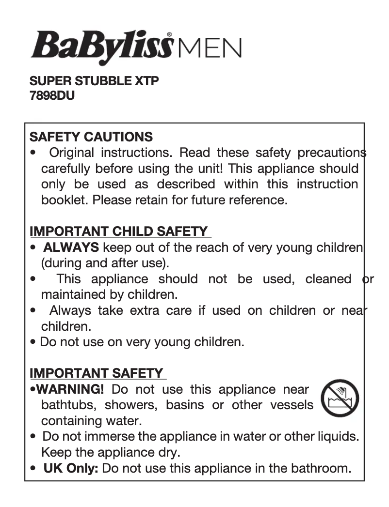 Page 1 of the manual User Manual BaByliss Super Stubble XTP 7898DU