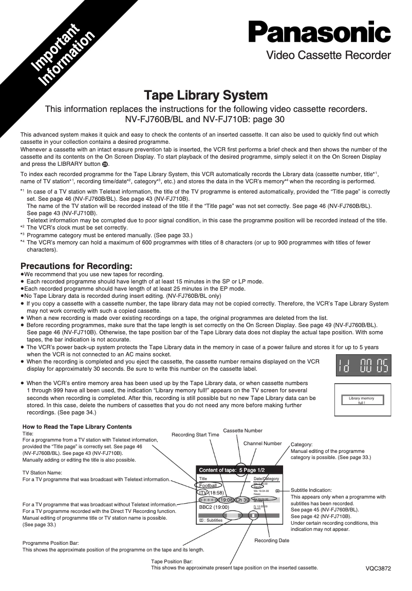 First page image of the manual for NV-FJ760B