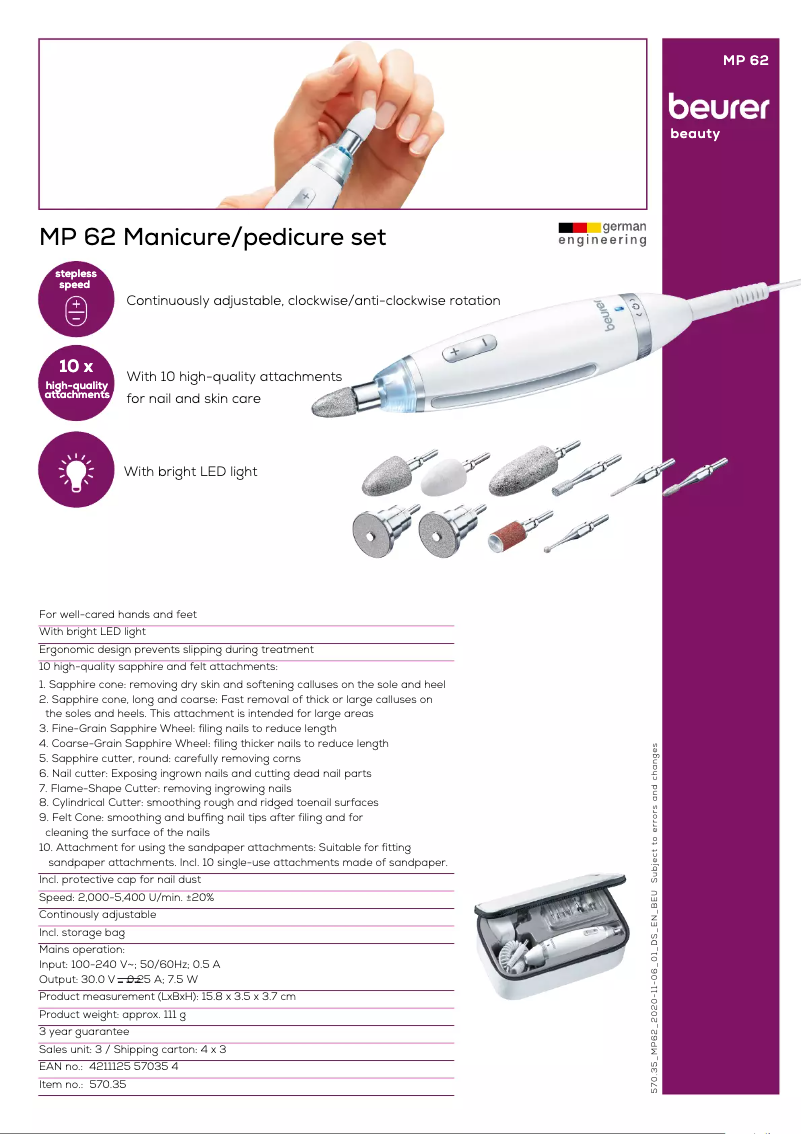 Page 1 of the manual Technical Sheet Beurer MP 62