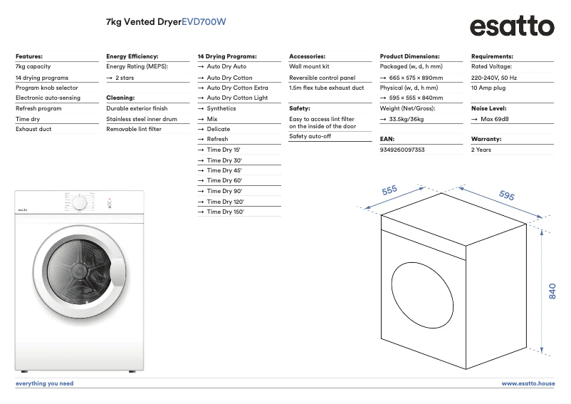 Page 1 of the manual Technical Sheet Esatto EVD700W