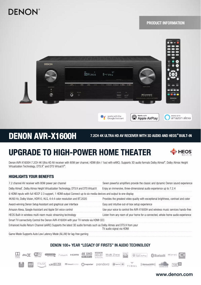 Page 1 of the manual Technical Sheet Denon AVR-X2600H