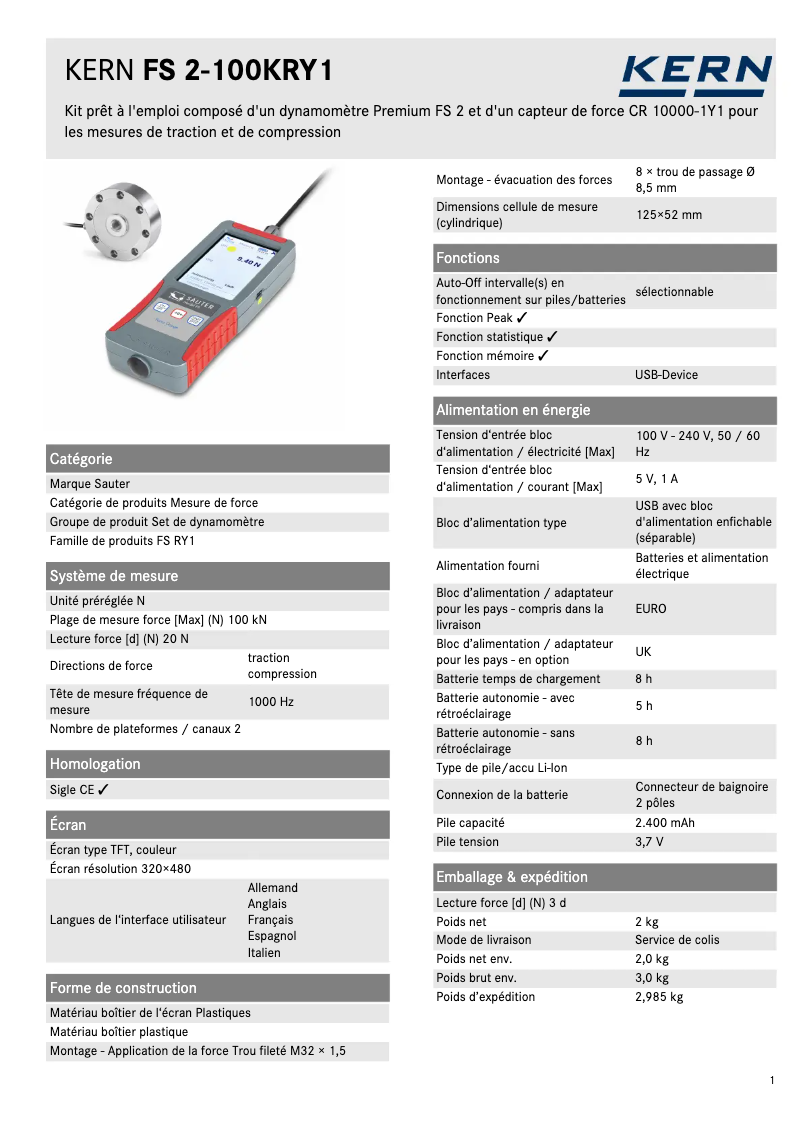 Page 1 of the manual Technical Sheet Kern FS 2-100KRY1