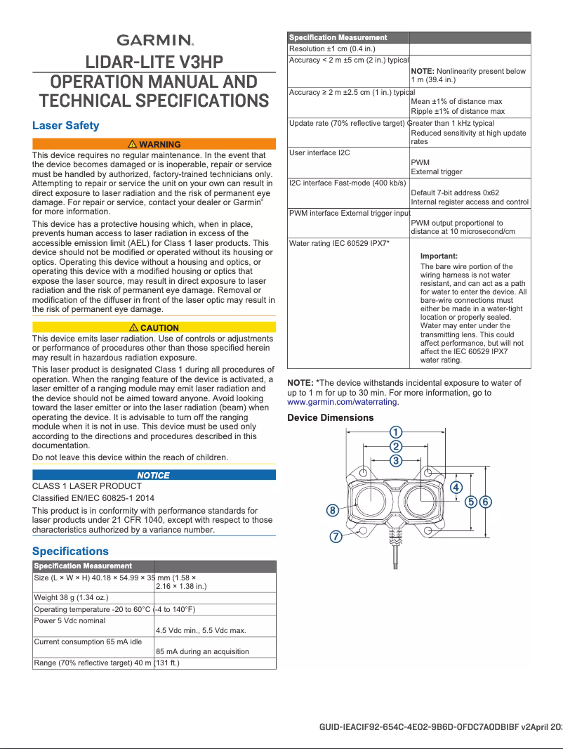 First page image of the manual for LIDAR-Lite v3 HP
