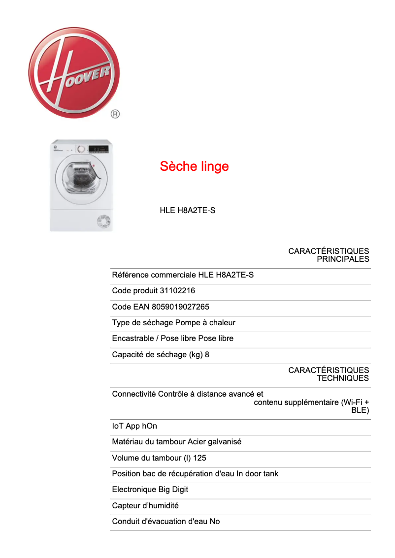 Page 1 of the manual Technical Sheet Hoover HLE H8A2TE-S