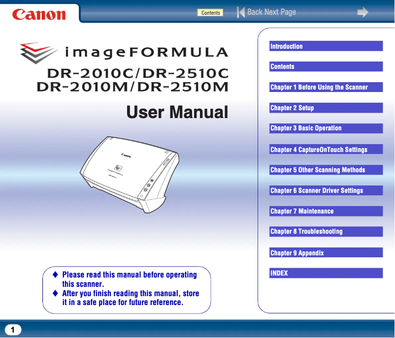 Page 1 of the manual User Manual Canon imageFORMULA DR-2010M