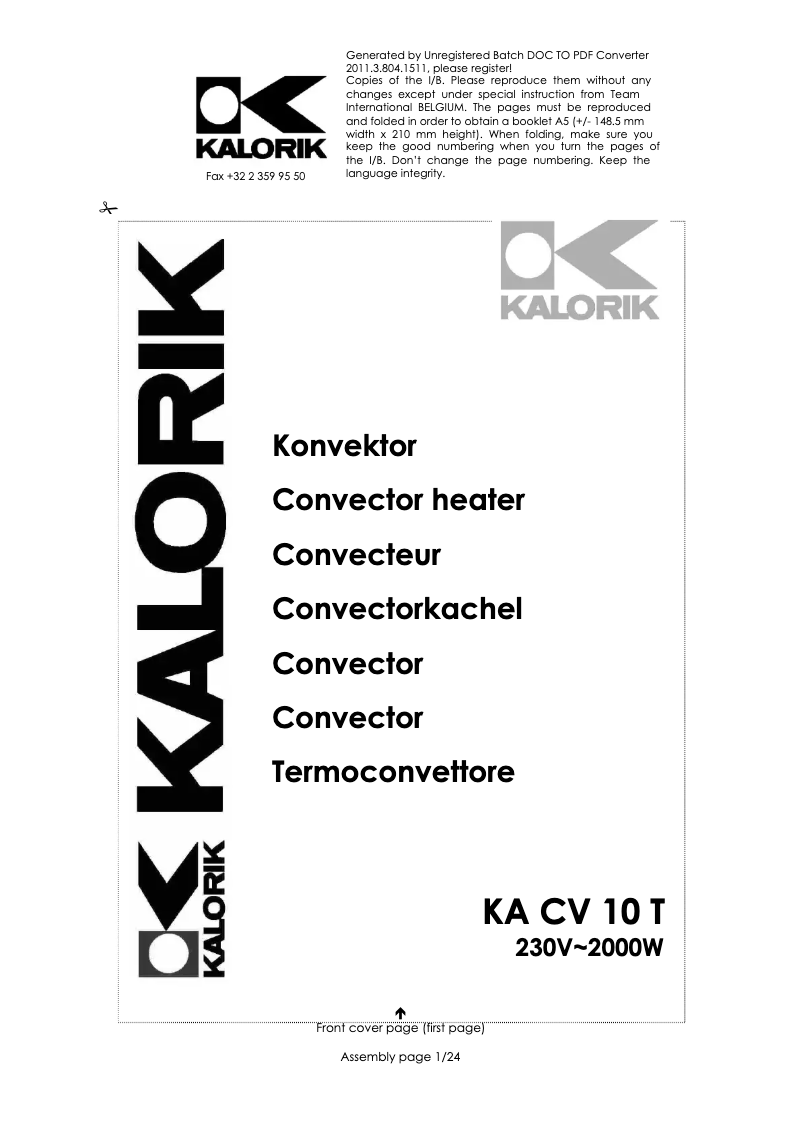 First page image of the manual for KA CV 10 T