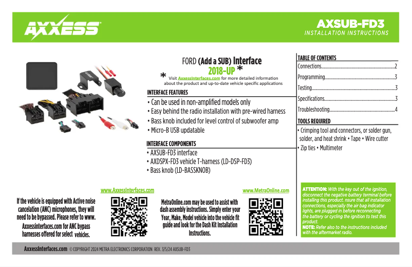 First page image of the manual for AXSUB-FD3