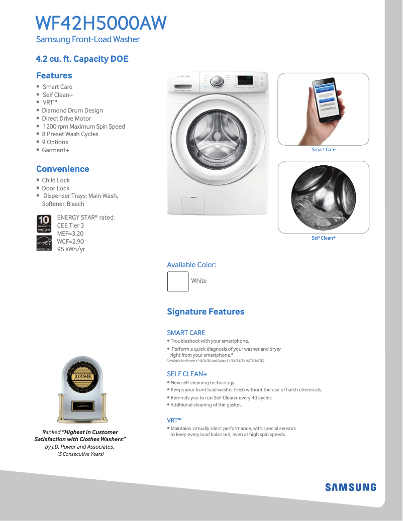 Page 1 of the manual Technical Sheet Samsung WF42H5000AW
