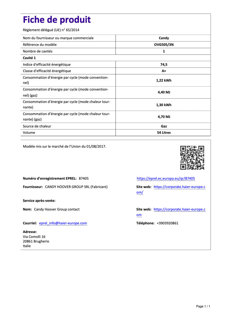 Page 1 of the manual User Manual Candy OVG505/3N