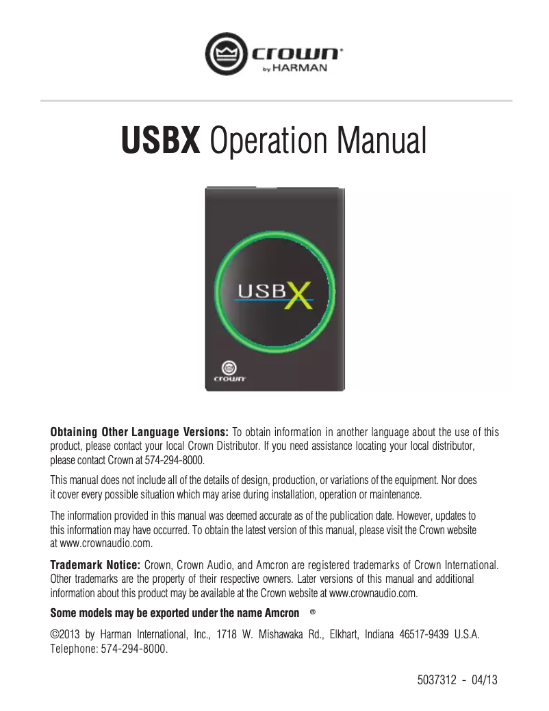 Page 1 of the manual User Manual Crown USBX