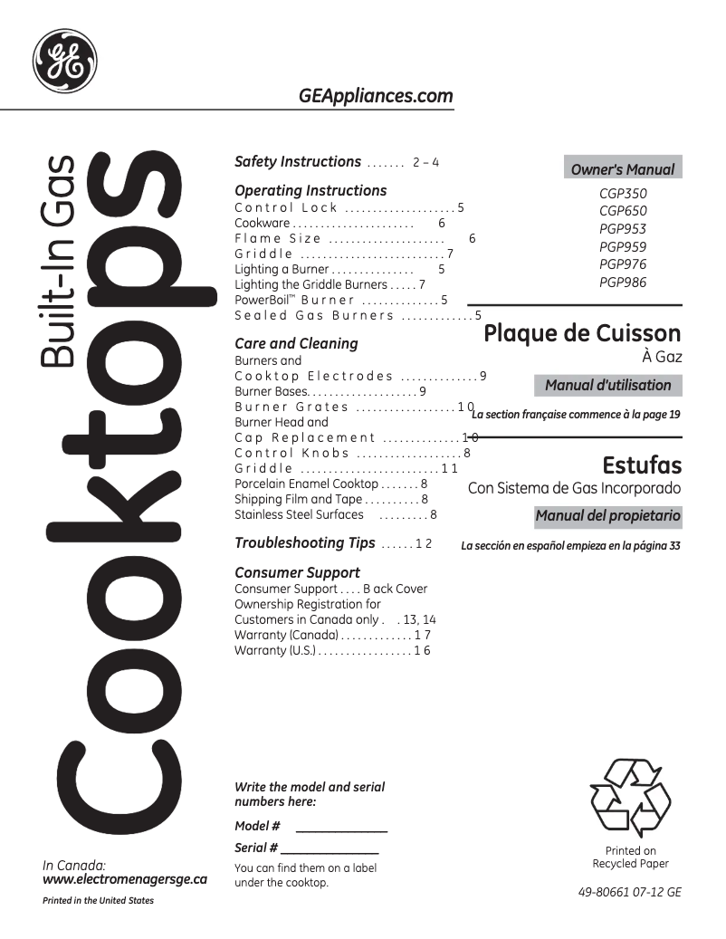 Page 1 of the manual Instruction Manual GE Profile PGP976SETSS
