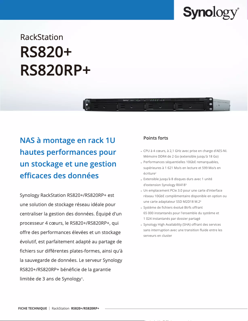 Page 1 of the manual Technical Sheet Synology RackStation RS820RP+