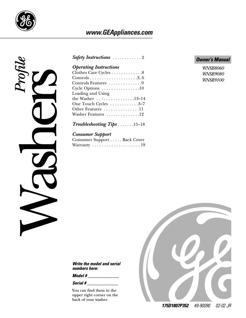 Page 1 of the manual User Manual GE WNSB9100BWW
