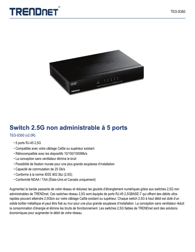 Page 1 of the manual Technical Sheet TRENDnet TEG-S350