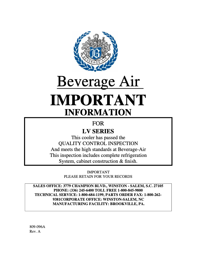 Page 1 of the manual User Manual Beverage-Air LV17-1