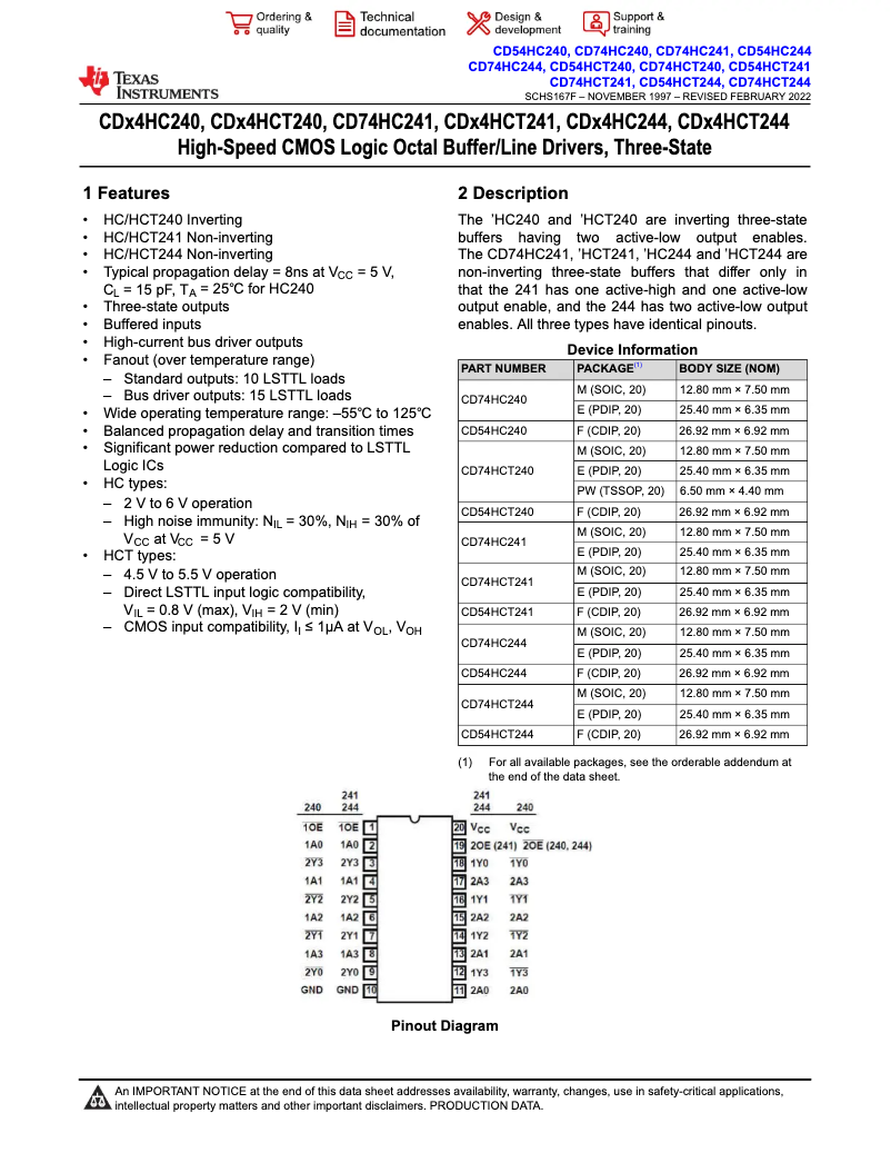 First page image of the manual for CD74HCT244E