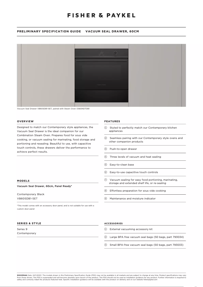 Page 1 of the manual Technical Sheet Fisher & Paykel VB60SDB1-SET
