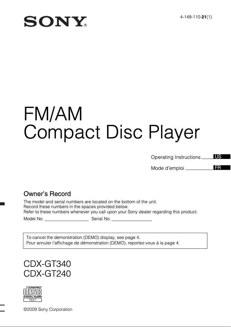 Page 1 of the manual User Manual Sony CDX-GT340
