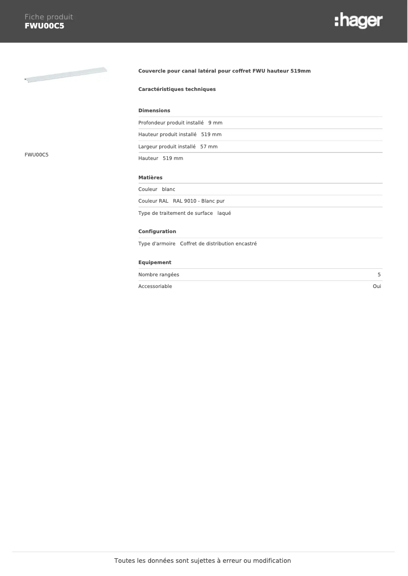 Page 1 of the manual Technical Sheet Hager FWU00C5