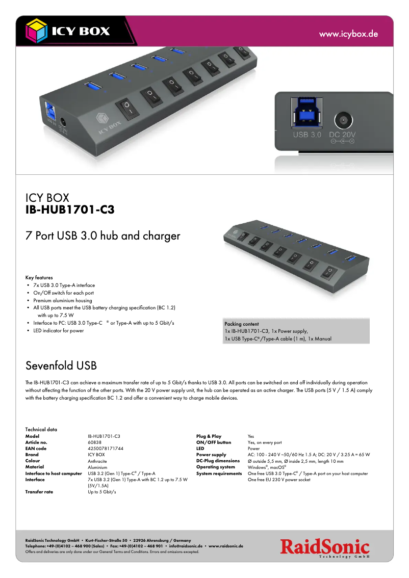 Page 1 de la notice Fiche technique Icy Box IB-HUB1701-C3