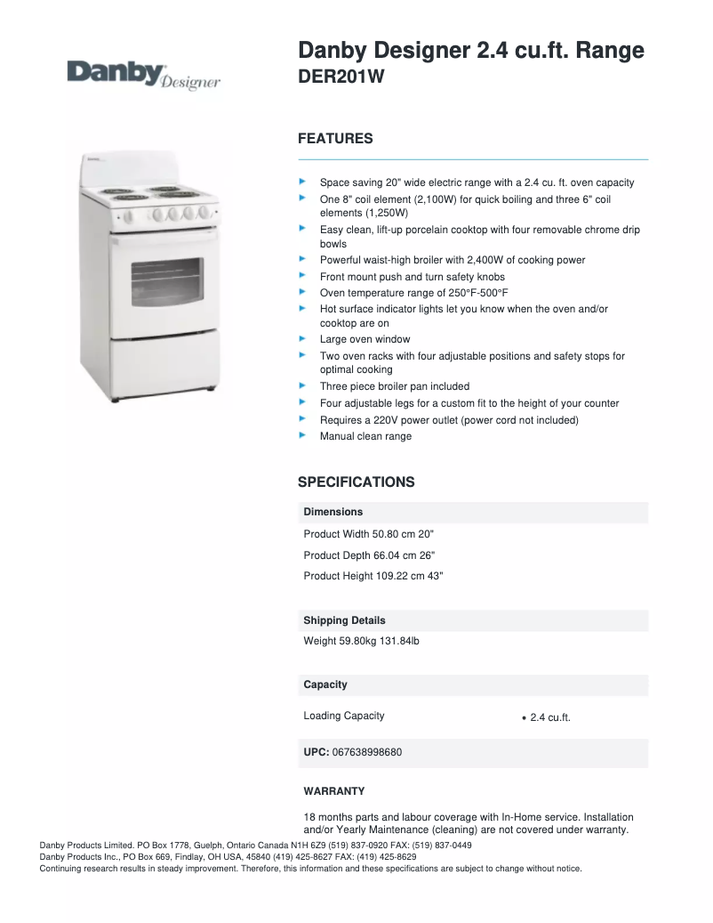 Page 1 of the manual Technical Sheet Danby DER201W