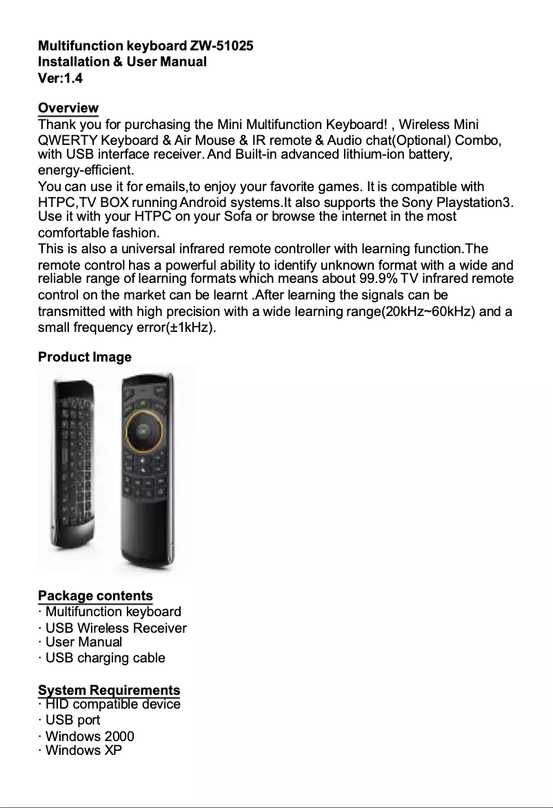 Page 1 of the manual User Manual Zoweetek ZW-51025