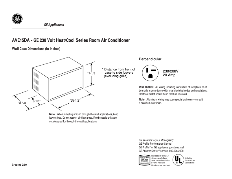 Page 1 of the manual Technical Sheet GE AVE15DA