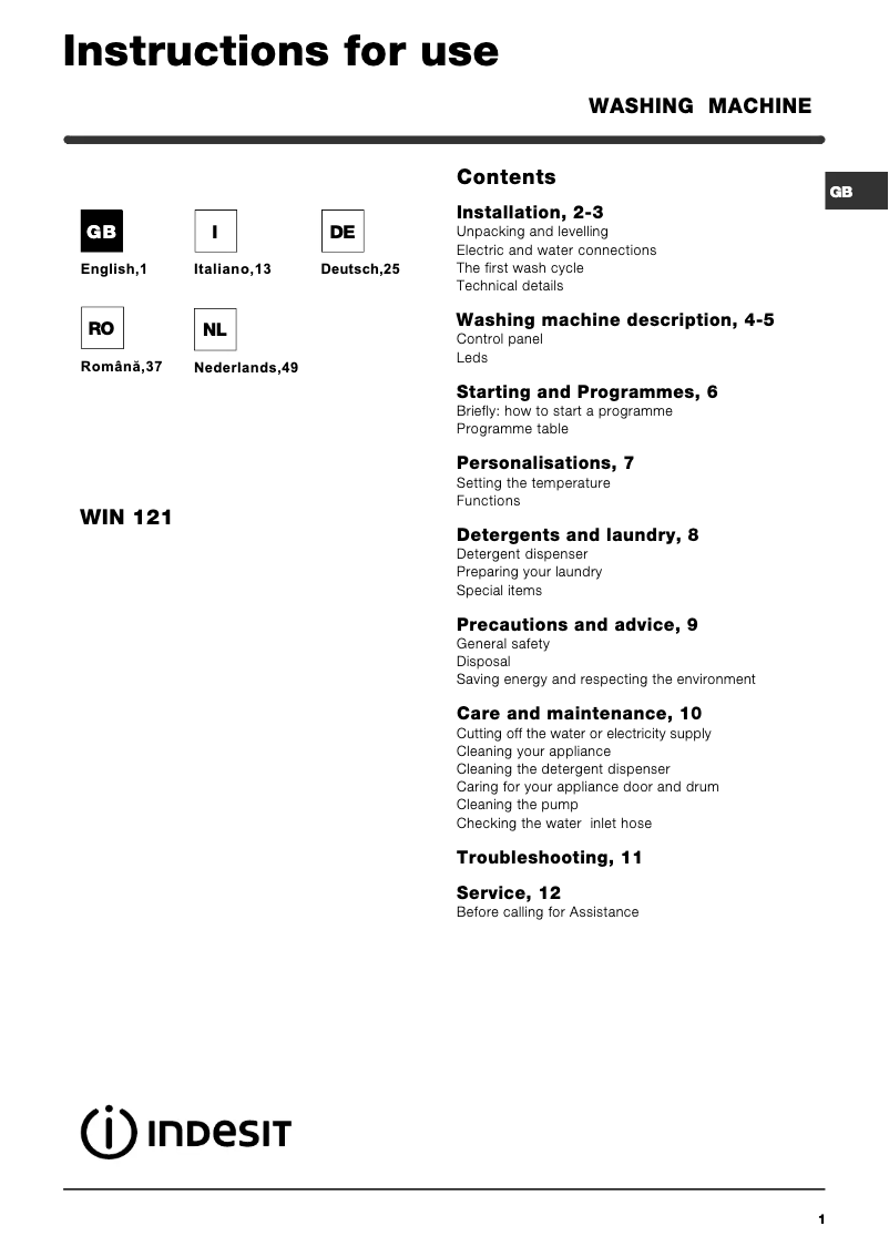 First page image of the manual for WIN 121 (EU)