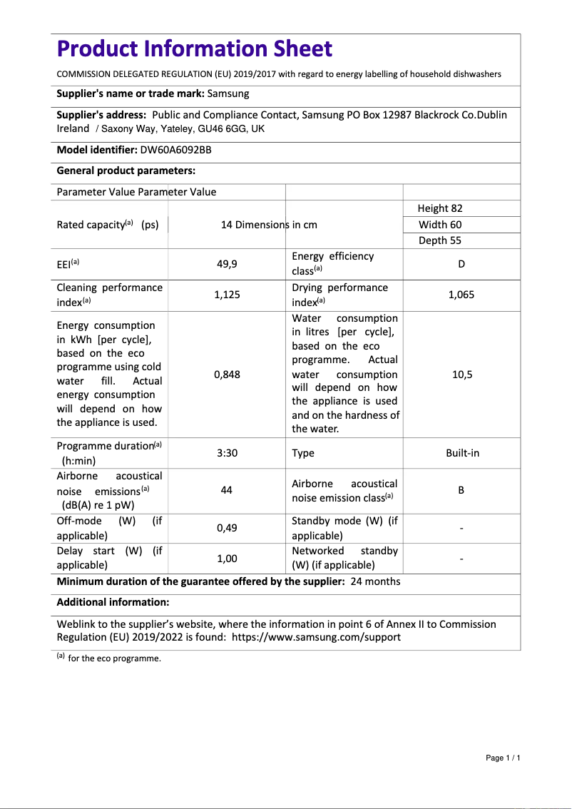 Page 1 of the manual Technical Sheet Samsung DW60A6092BB