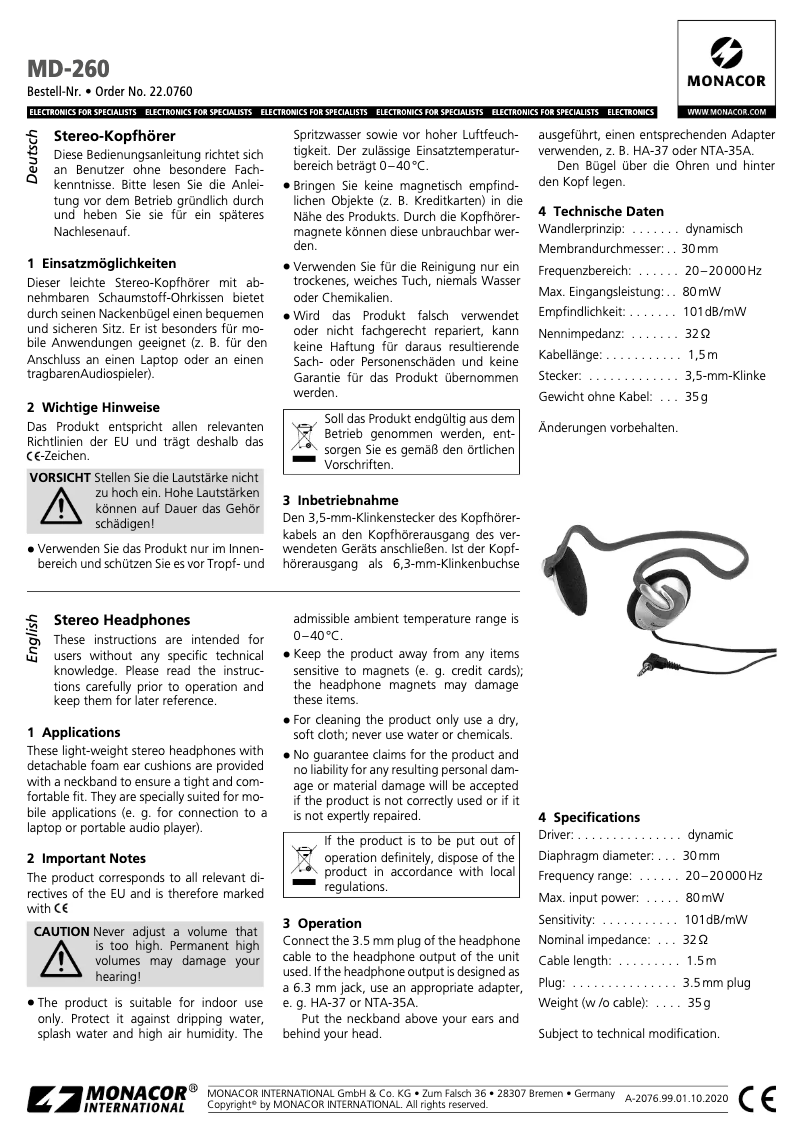 First page image of the manual for MD-260