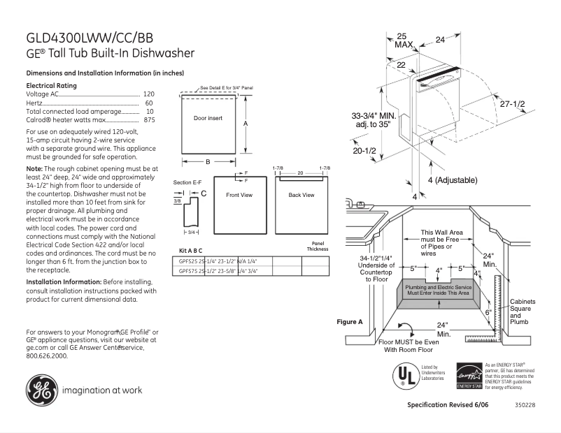 Page 1 of the manual Technical Sheet GE GLD4300LBB