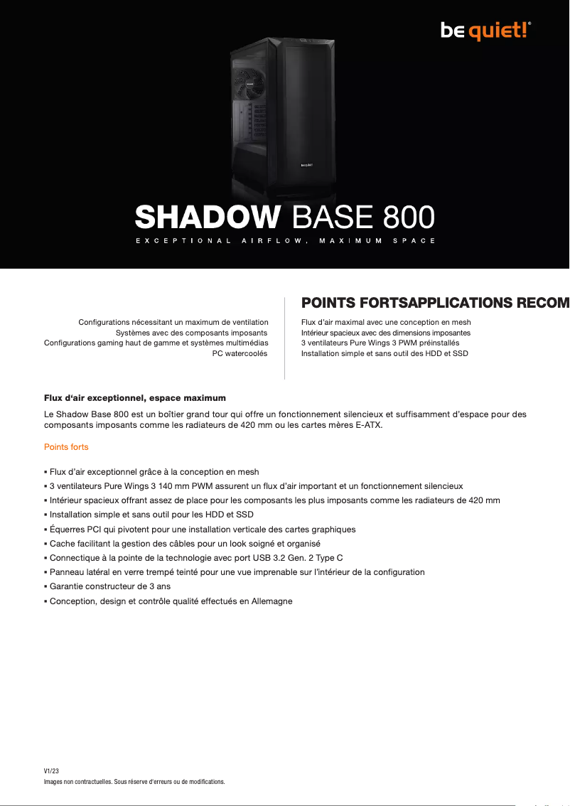 Page 1 of the manual Technical Sheet Be Quiet! Shadow Base 800